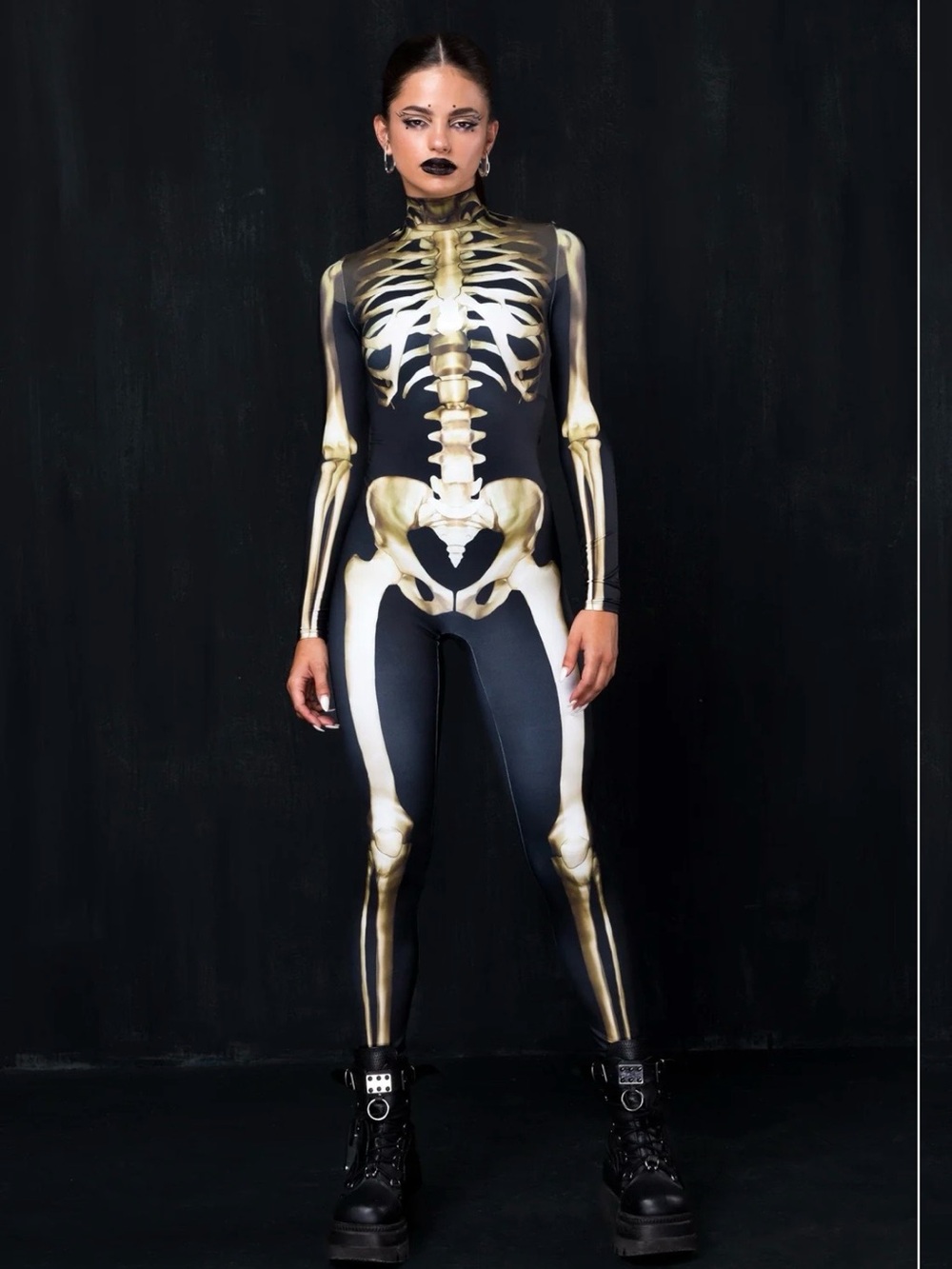 Badinka Adult Gold Skeleton Print Jumpsuit - UV-Reactive Women in size Medium